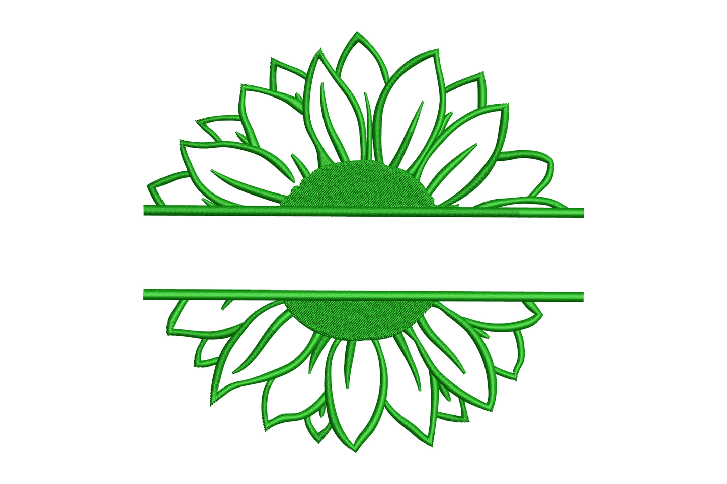 Floral split monogram frame embroidery design with sunflower split by horizontal satin bar in dark green thread