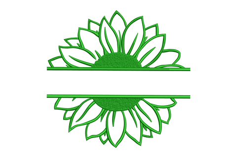 Floral split monogram frame embroidery design with sunflower split by horizontal satin bar in dark green thread