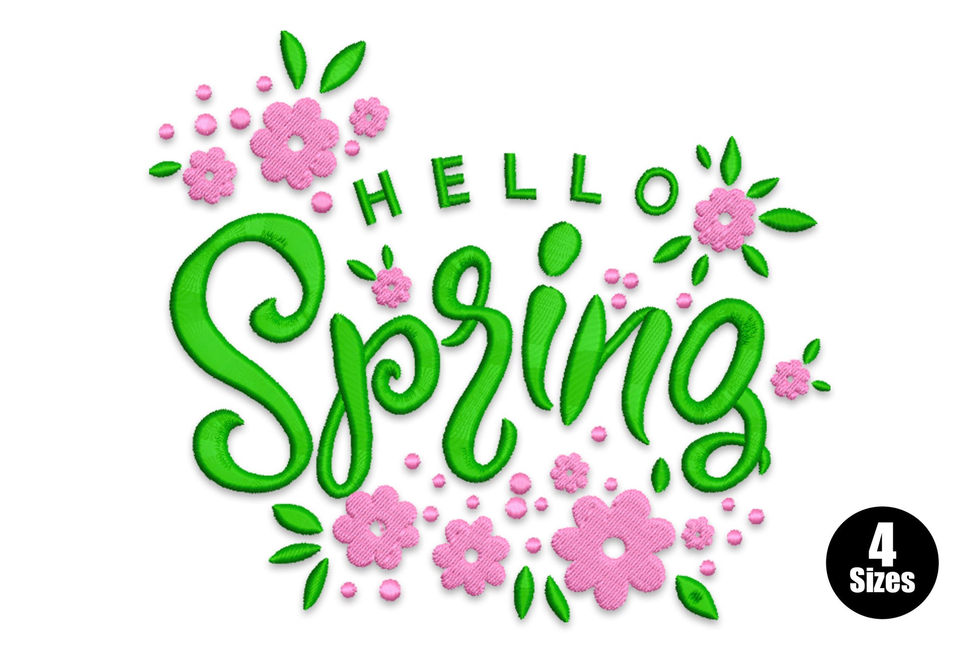 Hello Spring embroidery design with bold green brushstroke script lettering surrounded by scattered pink blossoms and green leaves.