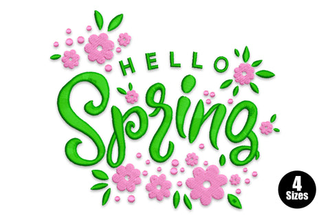 Hello Spring embroidery design with bold green brushstroke script lettering surrounded by scattered pink blossoms and green leaves.