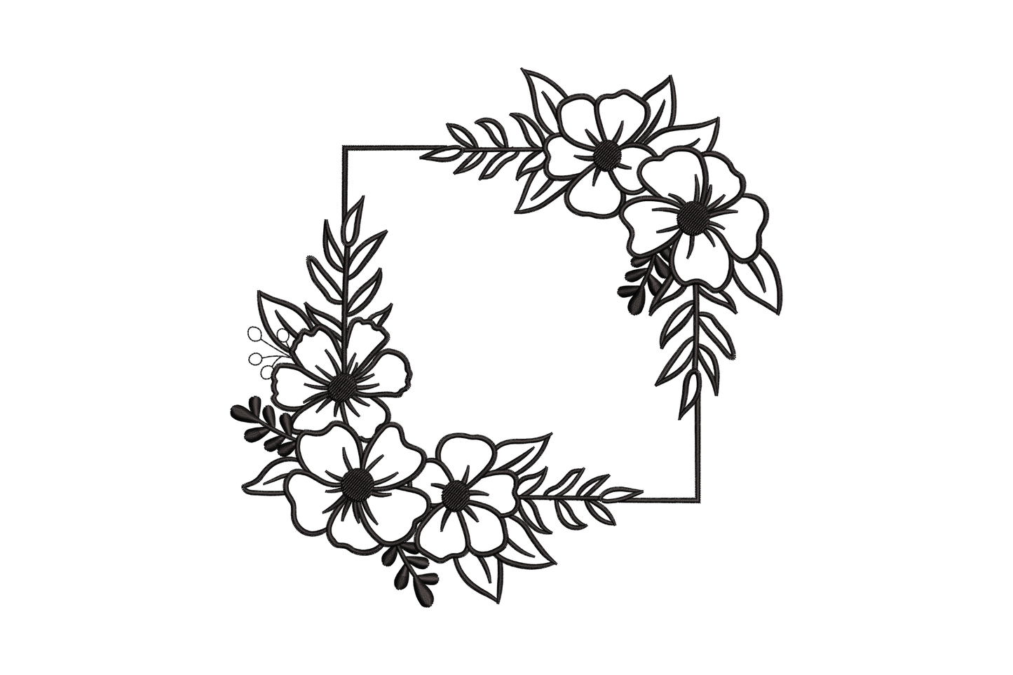 Floral square frame embroidery, geometric square line frame with dense filled black satin florals across top and bottom-left.