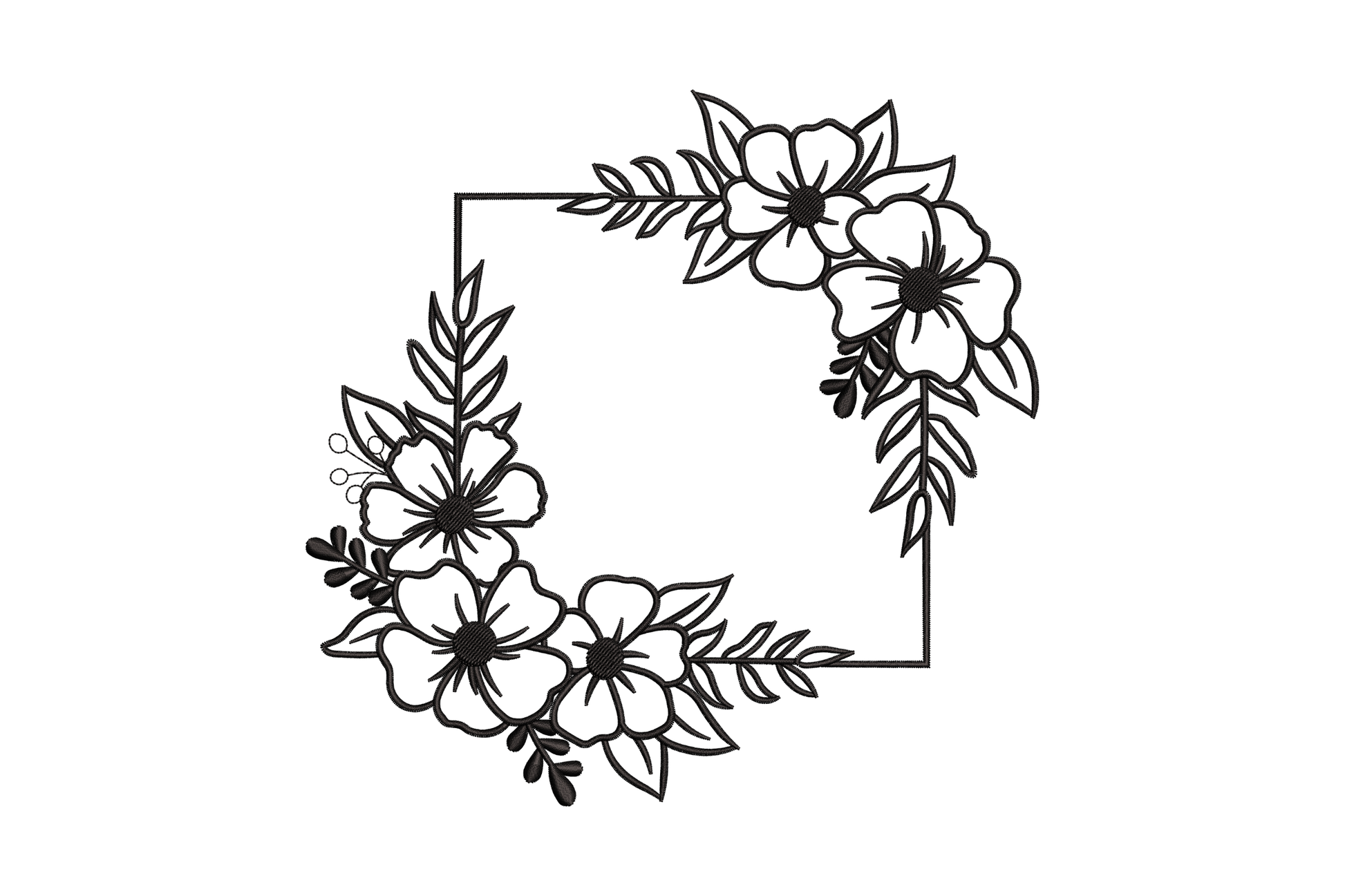 Floral square frame embroidery, geometric square line frame with dense filled black satin florals across top and bottom-left.