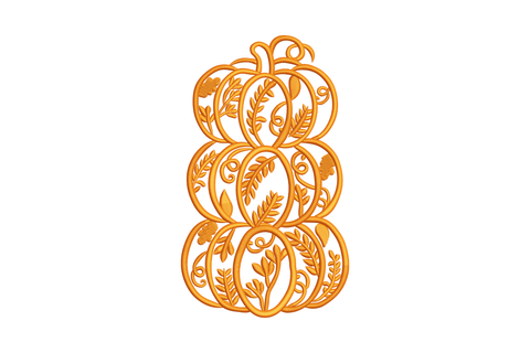 Floral stacked pumpkin embroidery design, three pumpkins in tower with flower sprigs in monochrome thread on sage linen apron
