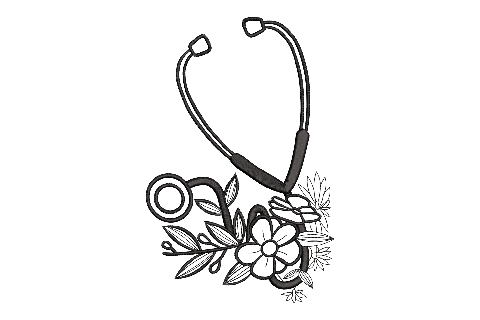 Floral stethoscope embroidery design, tubing arc with botanical flower cluster at base, 5 sizes 3.51 to 7.51 inches, single black thread, nurse gift