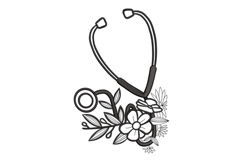 Floral stethoscope embroidery design, tubing arc with botanical flower cluster at base, 5 sizes 3.51 to 7.51 inches, single black thread, nurse gift
