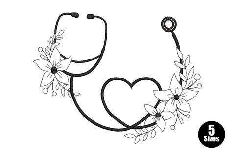 Floral stethoscope heart embroidery design, black outline stethoscope tube curling into a heart with daisy flowers and leaf sprigs on each side.