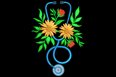 Floral stethoscope sunflower embroidery with blue tubing looped around two yellow sunflowers, red rosebuds and green leaves.