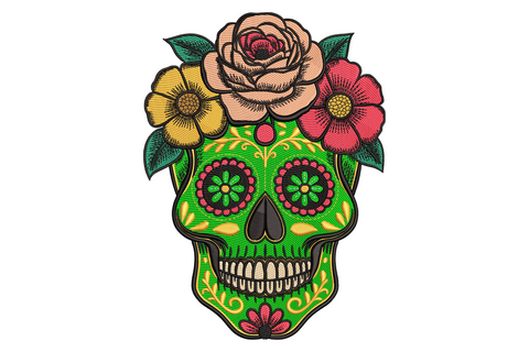 Floral sugar skull embroidery with bright green skull, peach rose yellow daisy and pink poppy crown, decorative red and yellow dot eye sockets