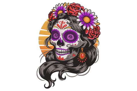 Floral sugar skull lady embroidery design with red rose flower crown purple daisy eye sockets long black hair and orange sun halo dia de los muertos style