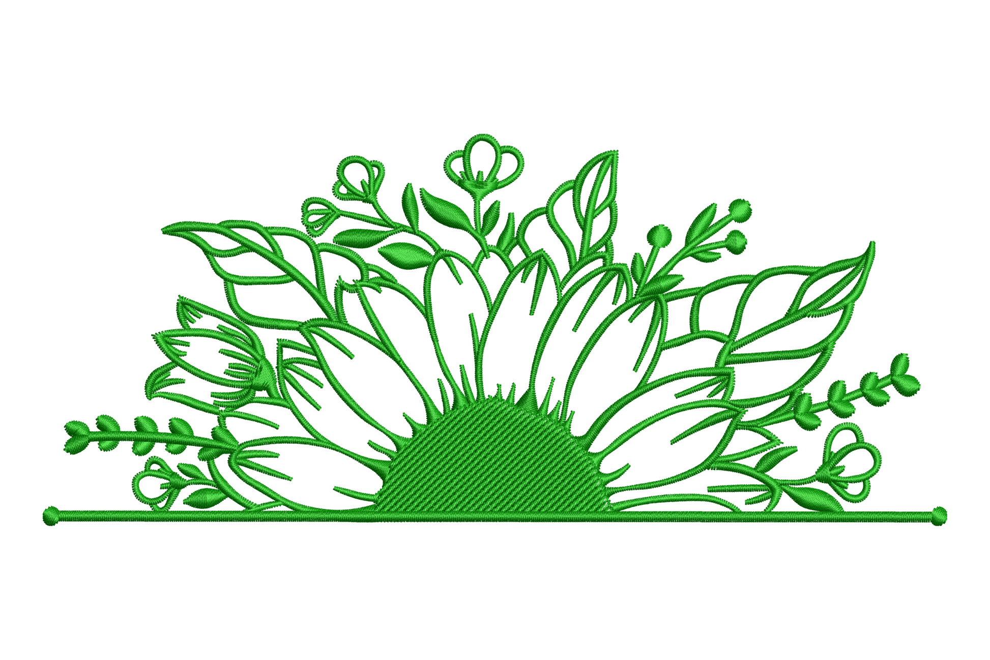 Floral sunburst border embroidery, vertical petal and leaf strip, single colour thread