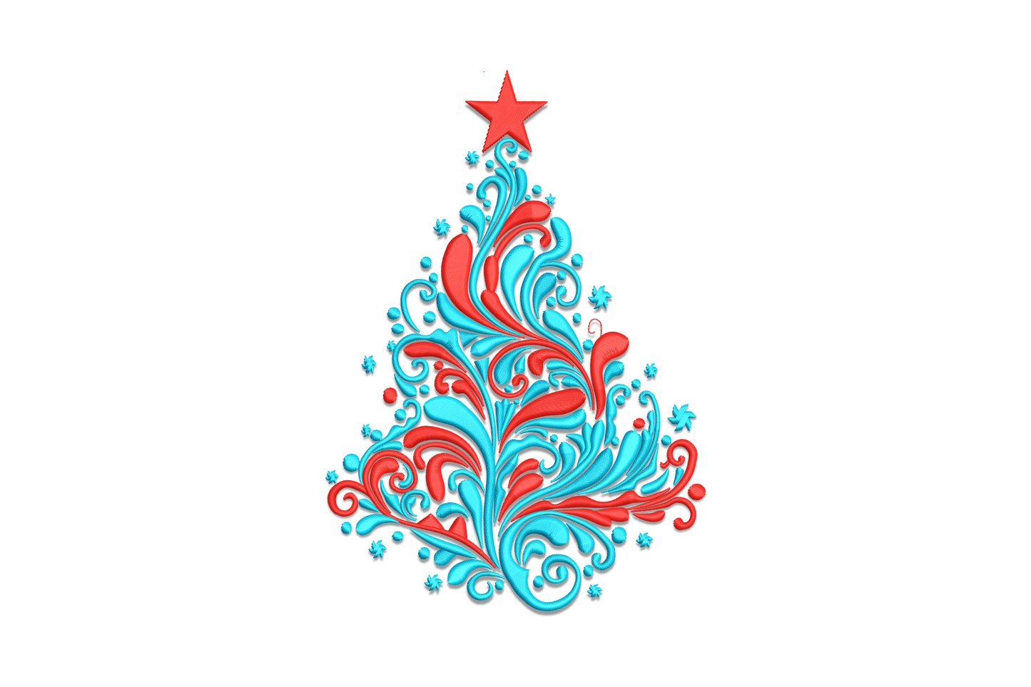 Floral swirl Christmas tree embroidery design made of aqua scroll curls and red teardrop shapes with a red star topper and snowflake dot accents.