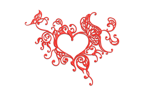 Ornate open-centre heart embroidery in red, formed from curling vine scrollwork with butterfly wing accents and trailing tendrils, lace-like filigree style