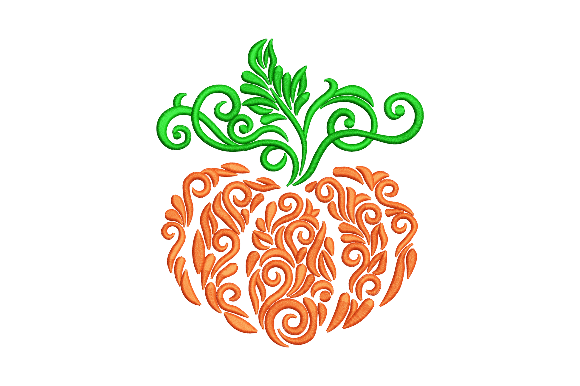 Floral swirl pumpkin embroidery design, orange scrollwork-filled pumpkin body with dark green looping tendrils stem, 5 sizes 3-7 inches, 2 colours, Wilcom EmbroideryStudio.