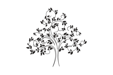Floral swirl tree embroidery design in black, slim trunk with wide arabesque scroll branches and small oval leaf clusters, open airy composition.