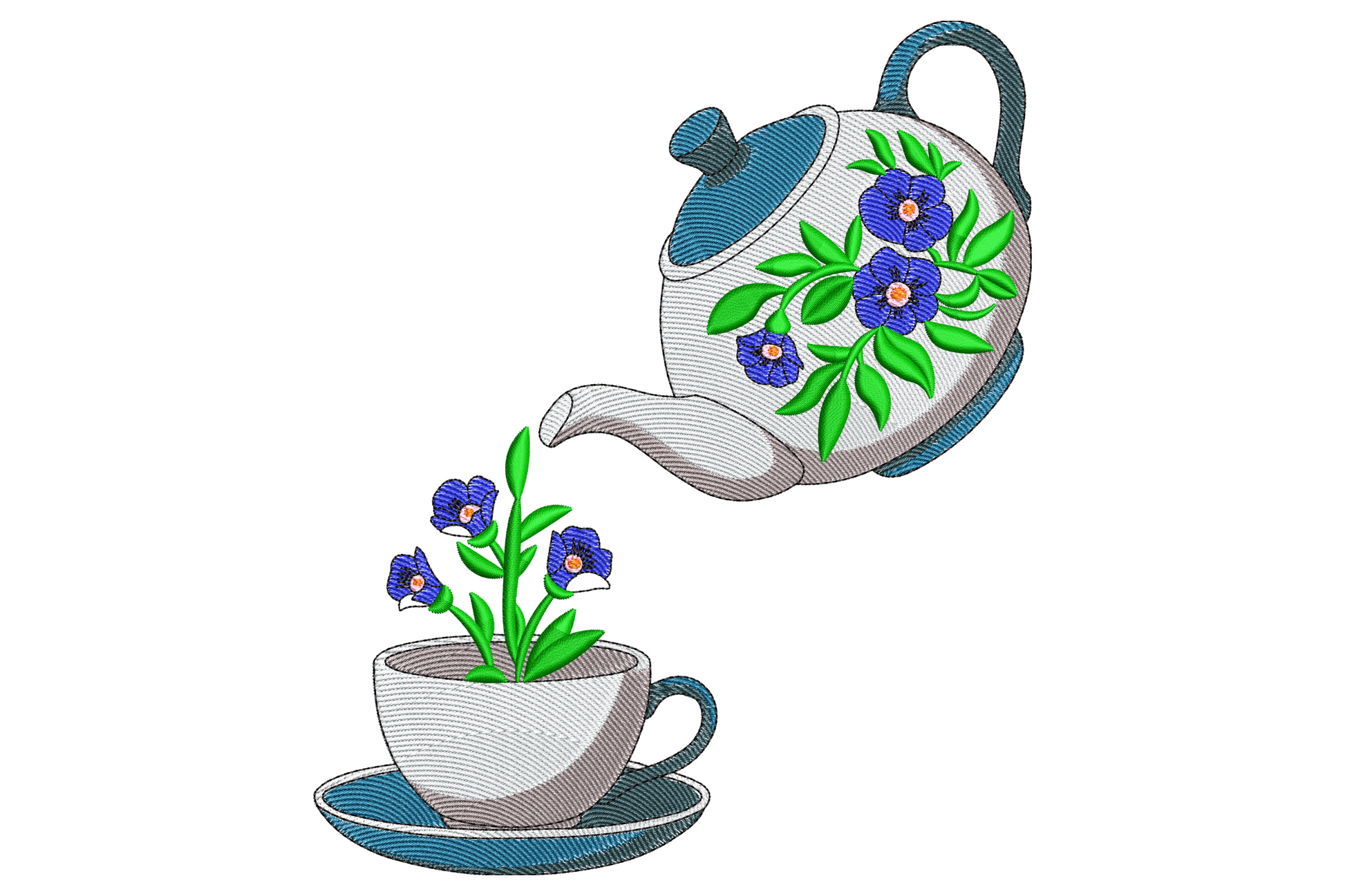 Floral teapot pouring blue-purple blooms into a teacup on a saucer, teal blue outline with green leaf sprays, botanical illustration style.