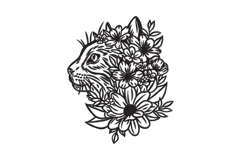 Floral tiger embroidery design, blackwork tiger head in three-quarter view with dahlia crown and botanical wreath framing, white on black.