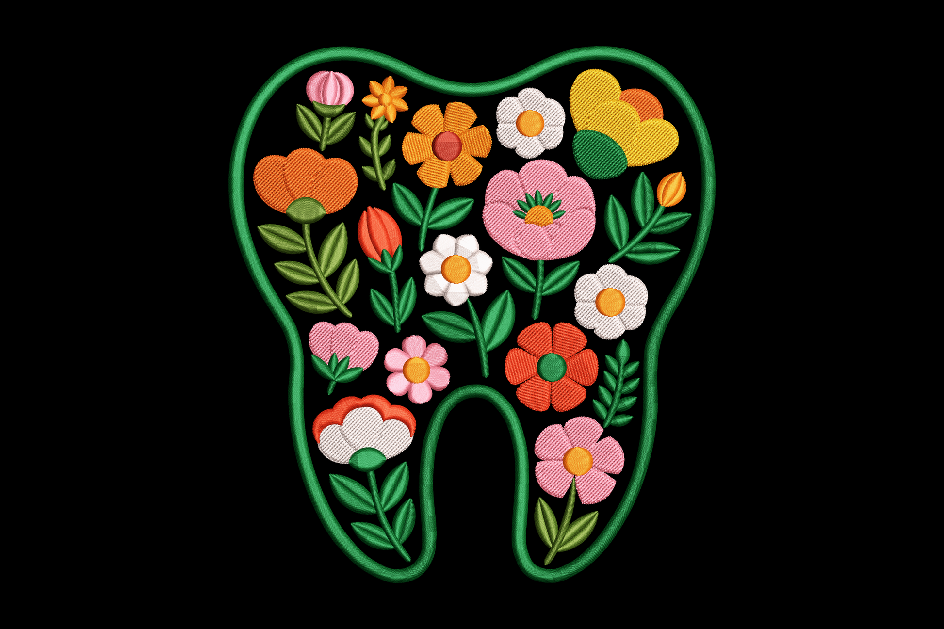 Floral design in the shape of a tooth embroidery design