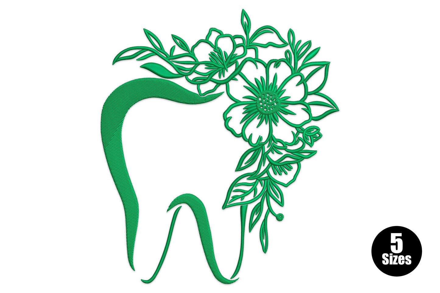 Floral tooth silhouette embroidery design single green thread, bouquet growing from tooth, 5 sizes 4-8 inch, dental botanical