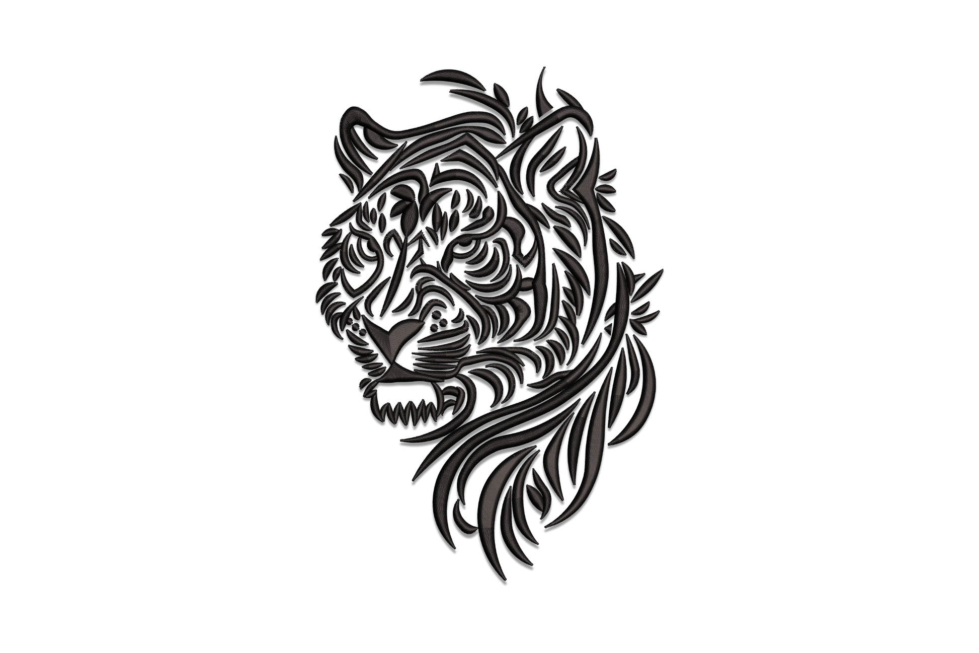 Floral tribal tiger head embroidery, black line art with flowing tribal leaf mane, snarling mouth, single black thread.