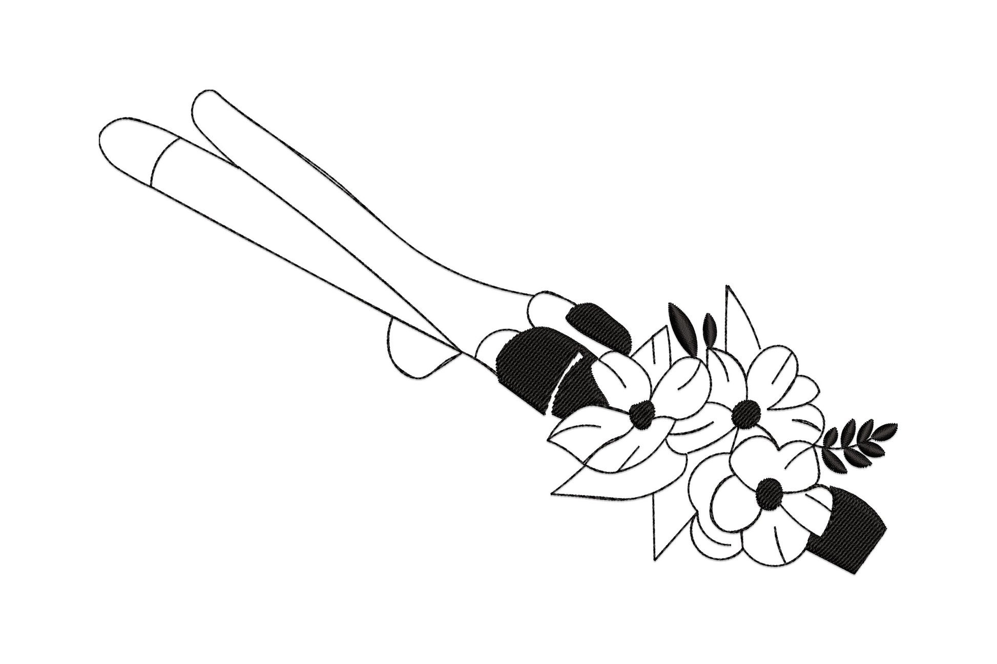 Floral tweezers embroidery: diagonal slim handle in outline with a small daisy flower cluster and fern sprig at the tip, single colour black.