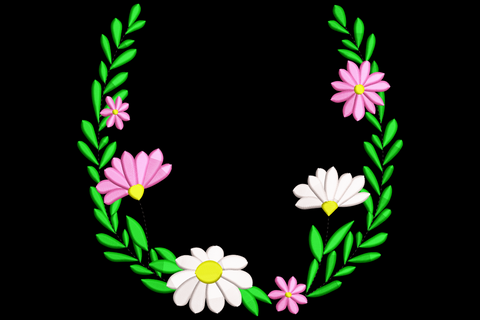Floral U-shaped wreath embroidery design with arching green leafy vines, pink daisies and white daisies with yellow centres.