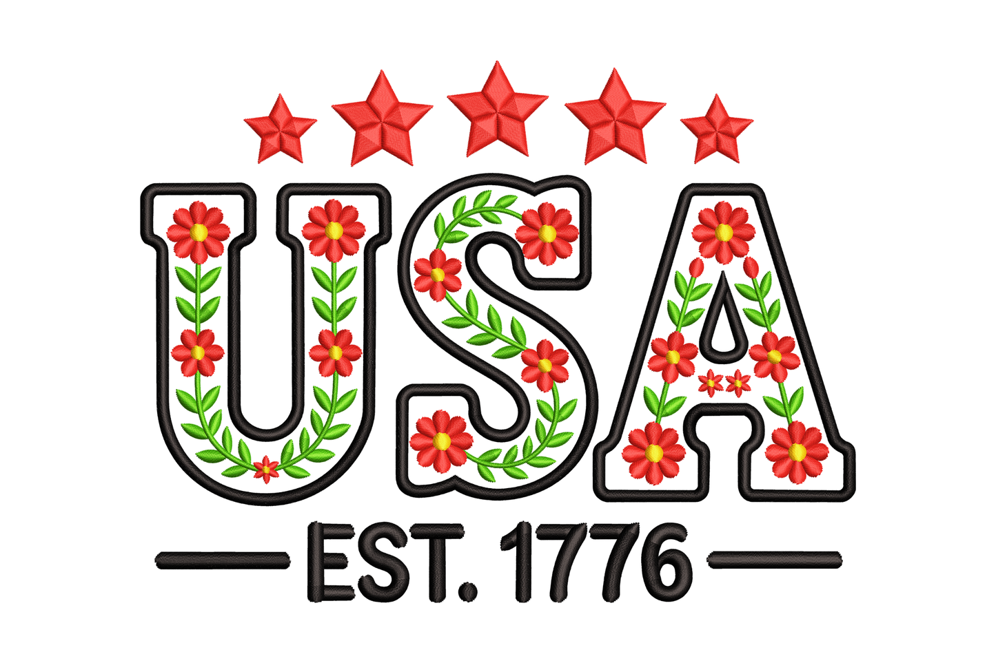 USA logo with red stars and flowers on a white background