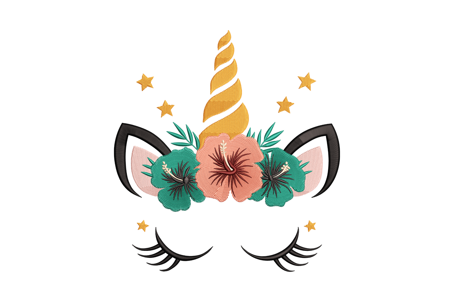 Floral unicorn face embroidery with orange twisted horn, black ears, closed curled lashes and coral hibiscus flower crown plus star sparkles