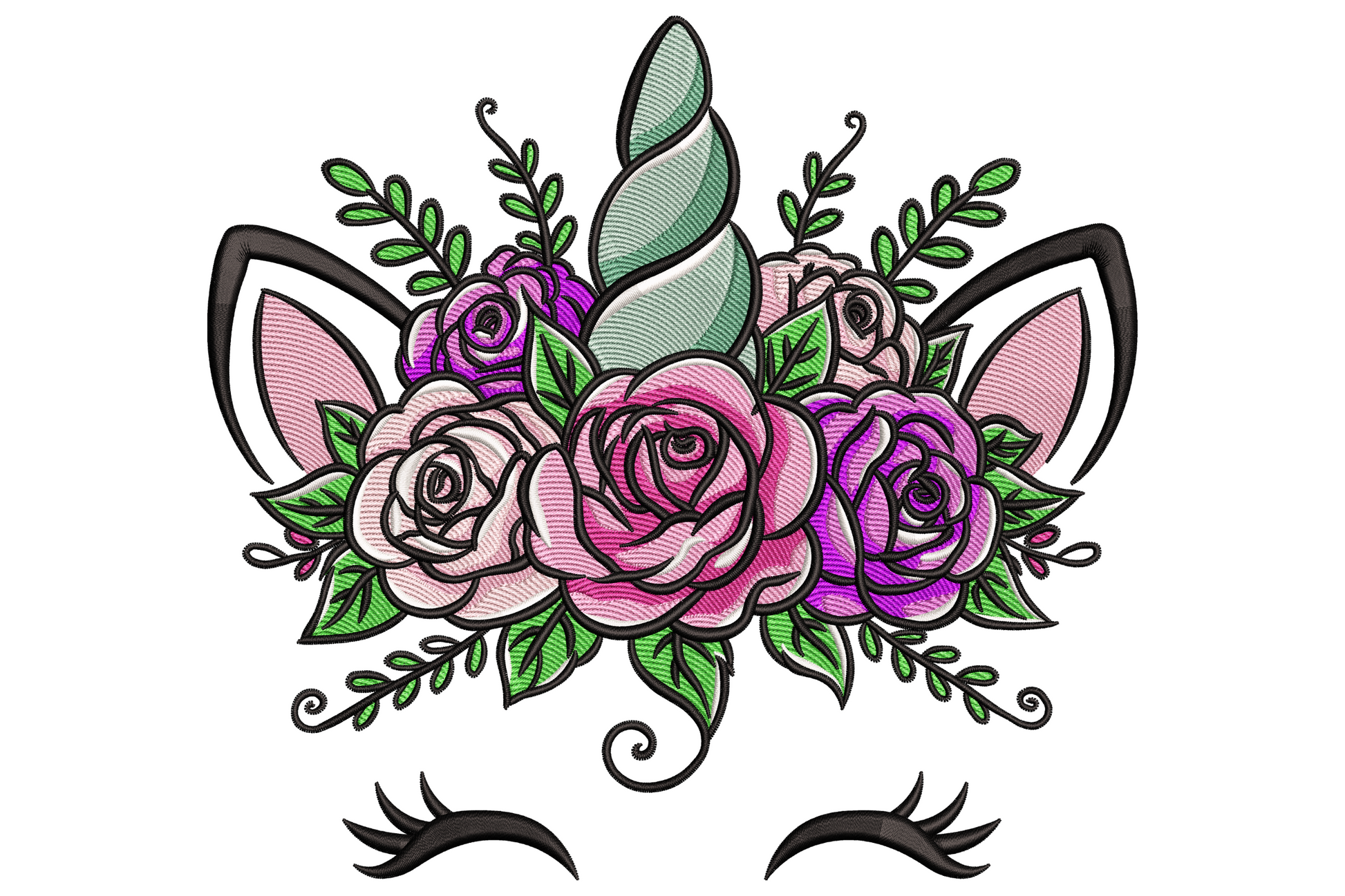 Floral unicorn embroidery design with mint twisted horn, crown of pink and purple roses, and closed black lashes.