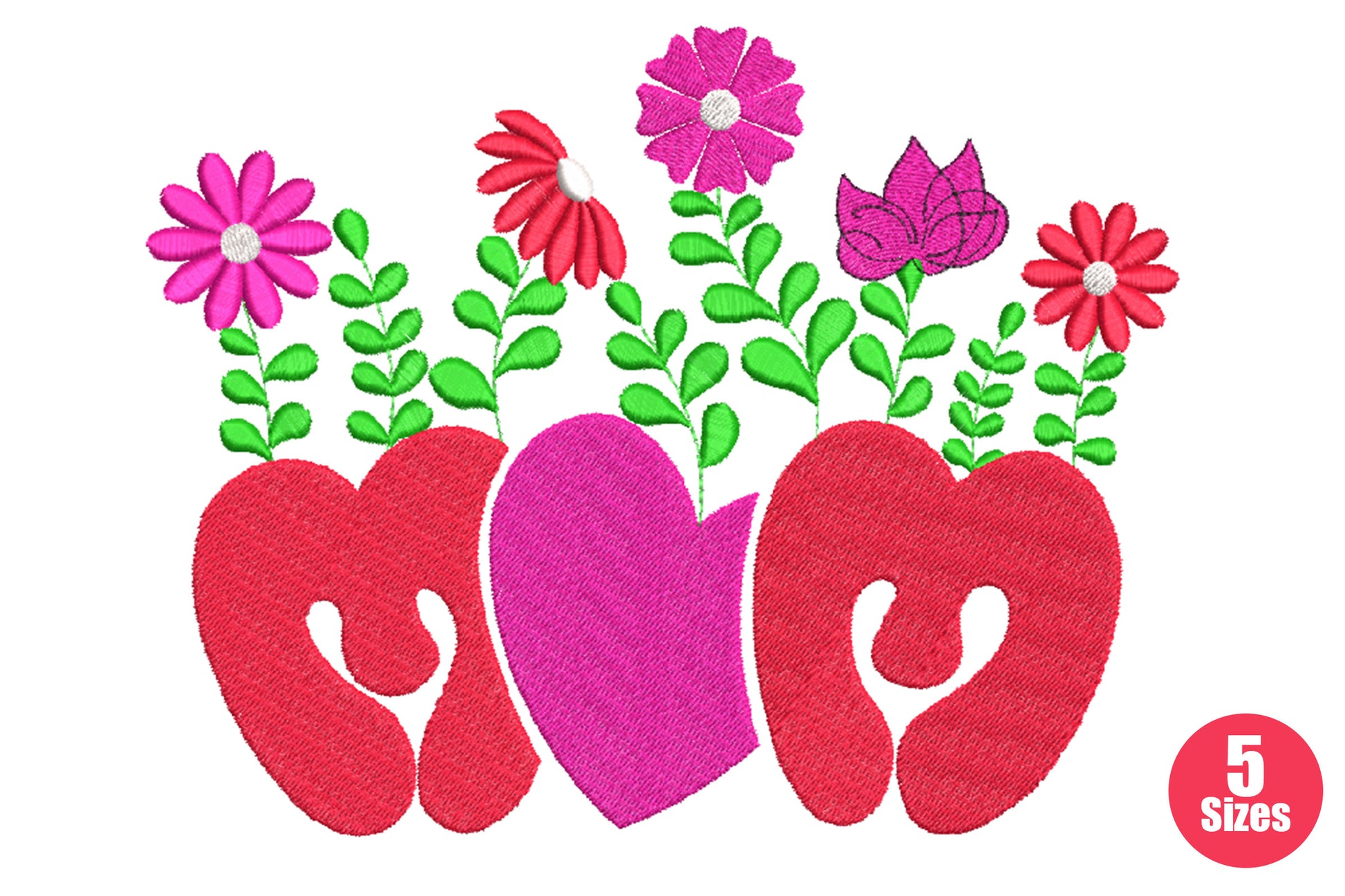 Floral uterus embroidery design with MOM lettering formed from red heart-shaped letters and a magenta uterus center, garden flowers and green stems growing upward from each letter.