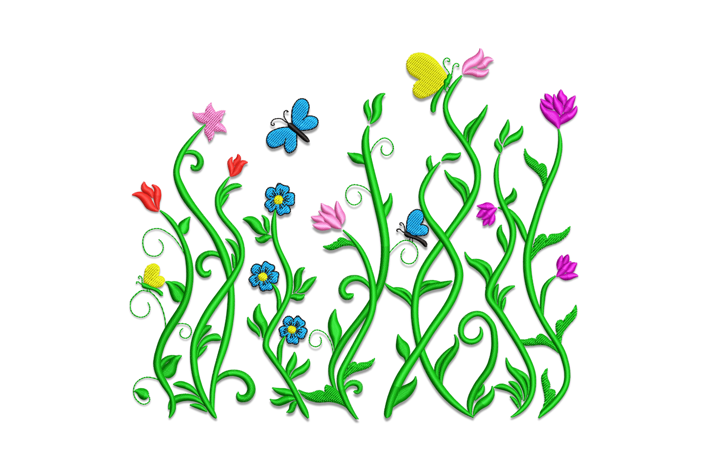 Machine embroidery design showing tall curving green floral vines with red tulips, blue daisy blooms, pink buds, and two blue butterflies on white background