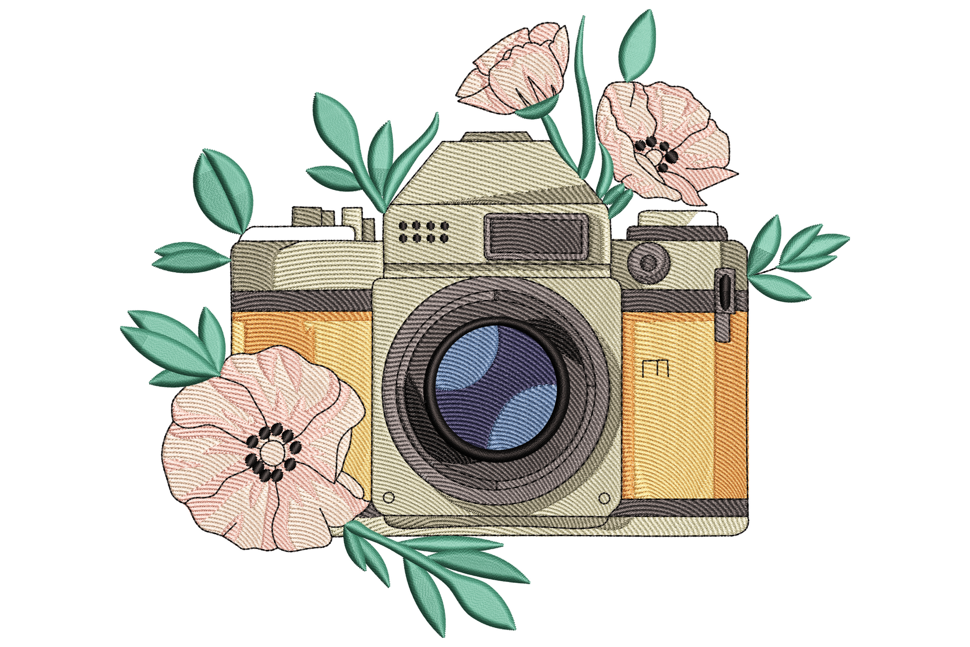 Floral vintage camera embroidery design, sand and grey SLR body with soft pink poppies and teal botanical leaves.