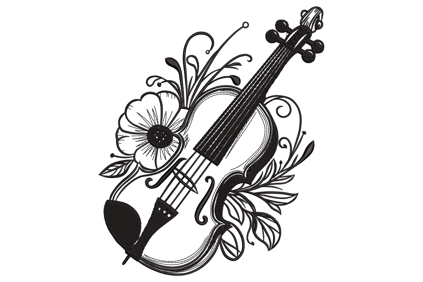 Floral violin line art embroidery design with fine single-colour botanical illustration of violin surrounded by flowering stems.