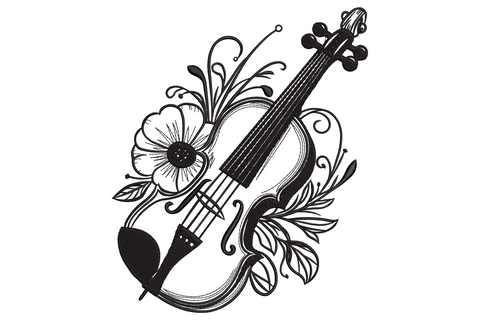 Floral violin line art embroidery design with fine single-colour botanical illustration of violin surrounded by flowering stems.