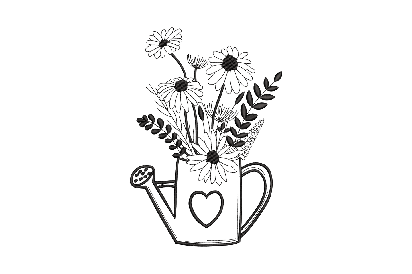 Black line art embroidery of a garden watering can with daisy bouquet and heart detail on the body