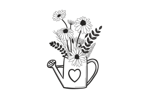Black line art embroidery of a garden watering can with daisy bouquet and heart detail on the body