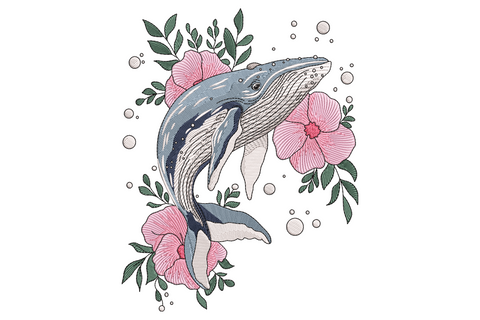 Machine embroidery design of a floral whale silhouette filled with blush roses and sage leaves, navy outline, 9 sizes up to 7.50 inches wide