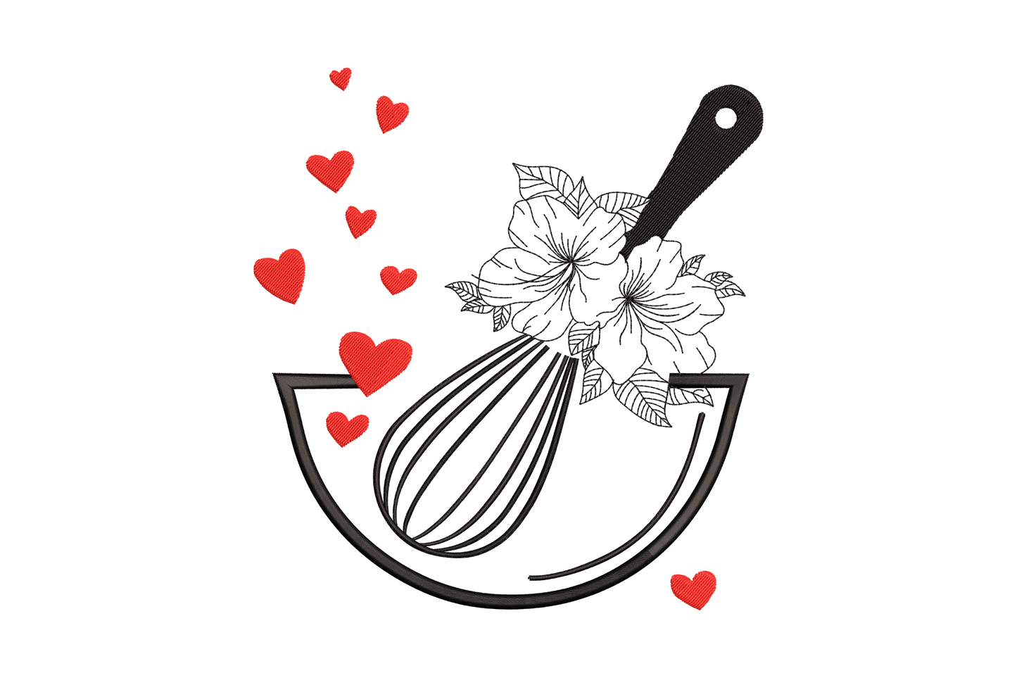 Floral whisk and hearts kitchen embroidery design in black and red with hibiscus flowers and floating hearts around a mixing bowl