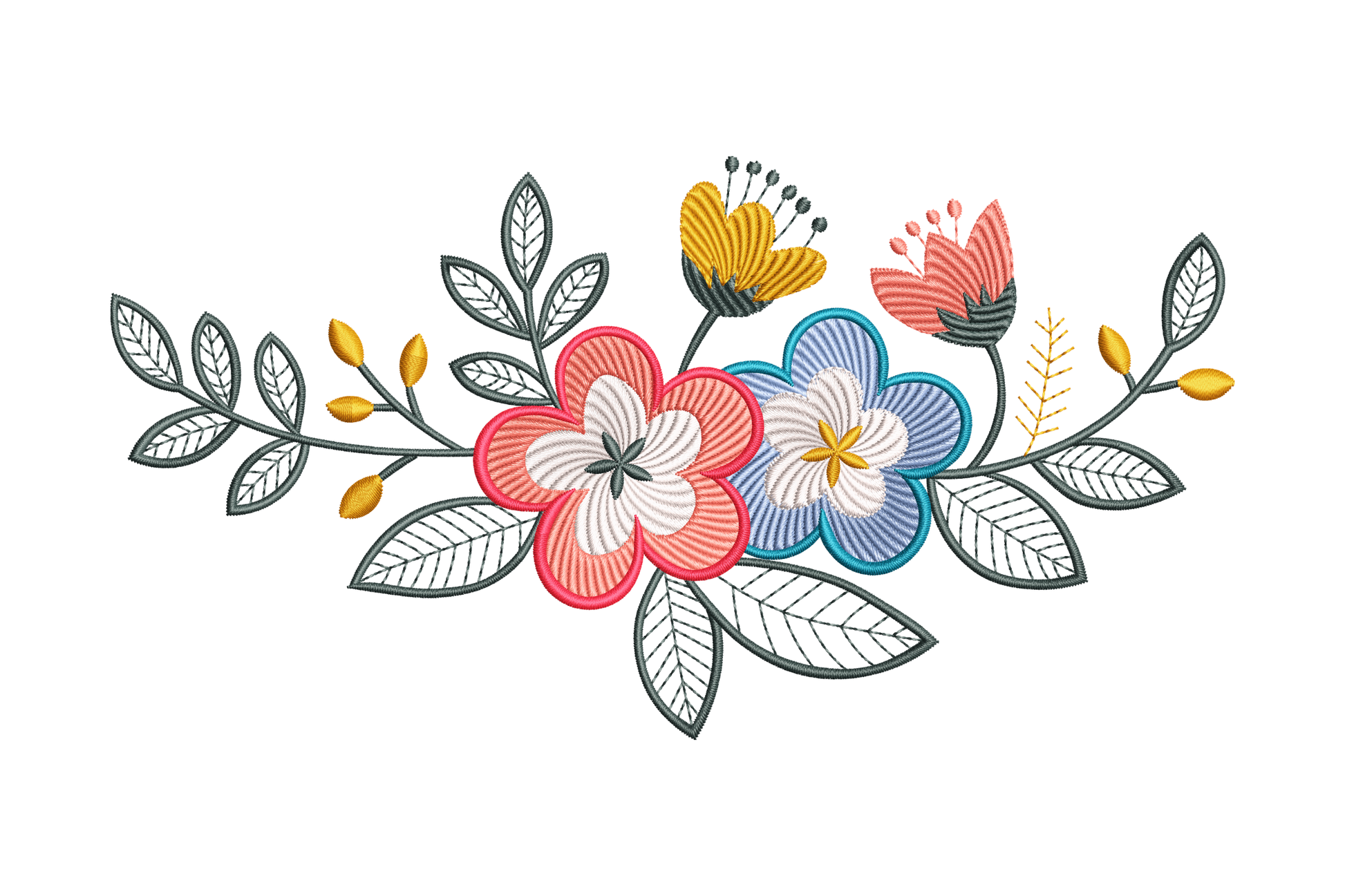 Colorful floral design with red, blue, and yellow flowers on a white background