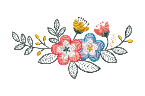Colorful floral design with red, blue, and yellow flowers on a white background