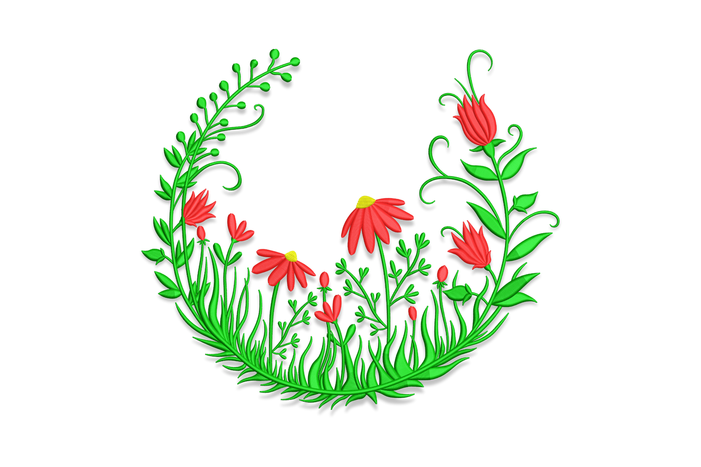 Floral wildflower wreath embroidery design with red daisy blooms, tulip buds and dark green curling stems in an open crescent shape.
