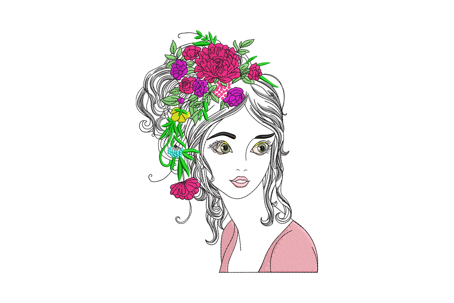 Abstract woman face profile with botanical flowers and leaves in hair, line-art style embroidery in dusty rose and sage green.
