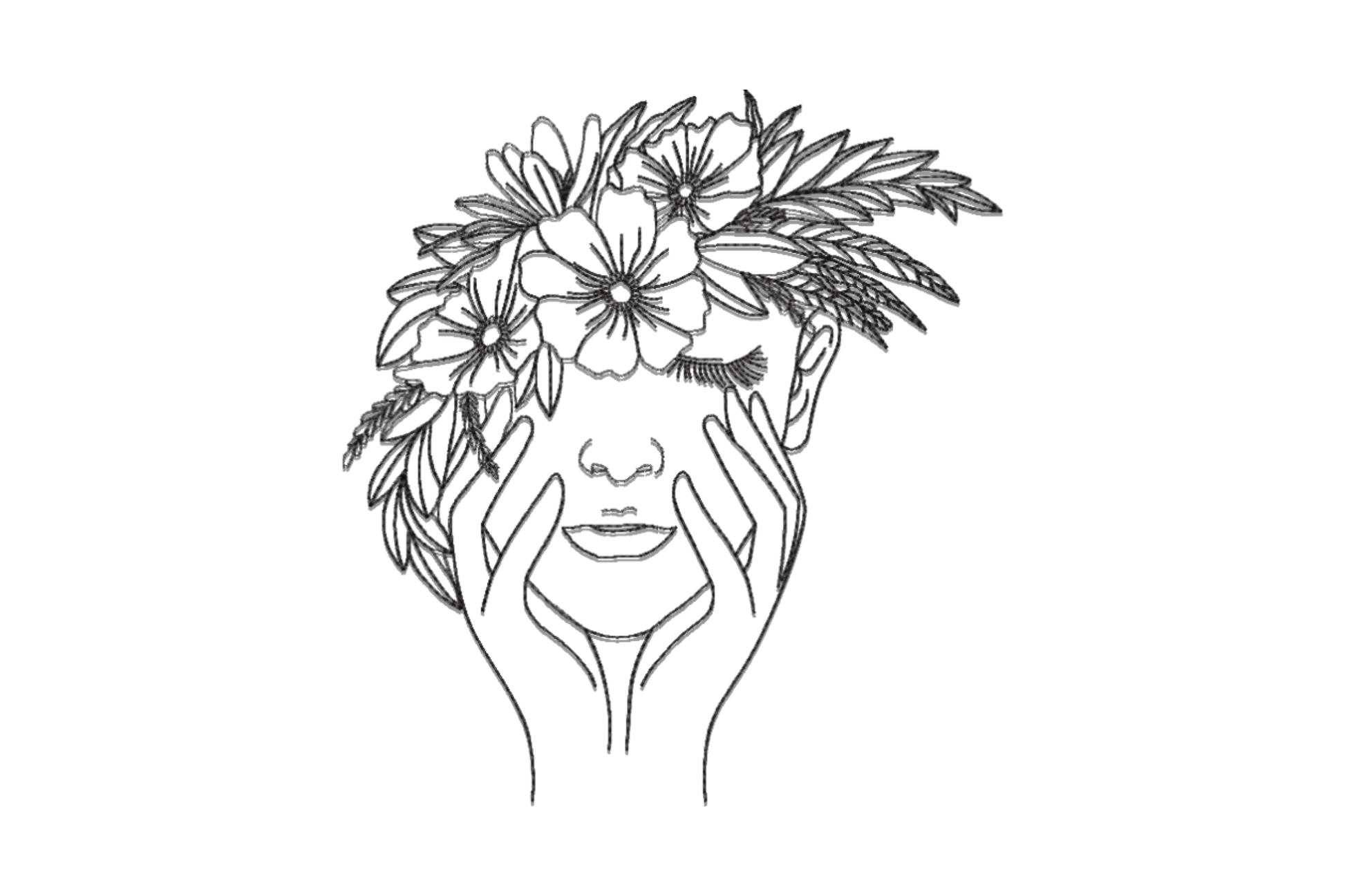 Floral woman face line art embroidery, woman with eyes closed cradling her face in both hands, floral and feather crown above in fine black line art.