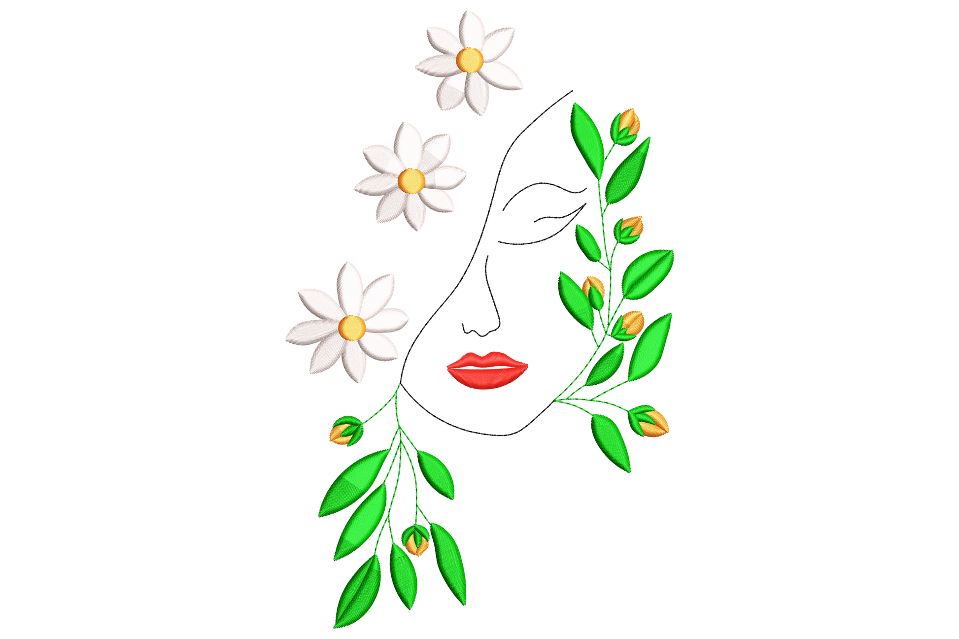Floral woman face line art with single-line profile, red lips, white daisies and green stems with small orange buds.