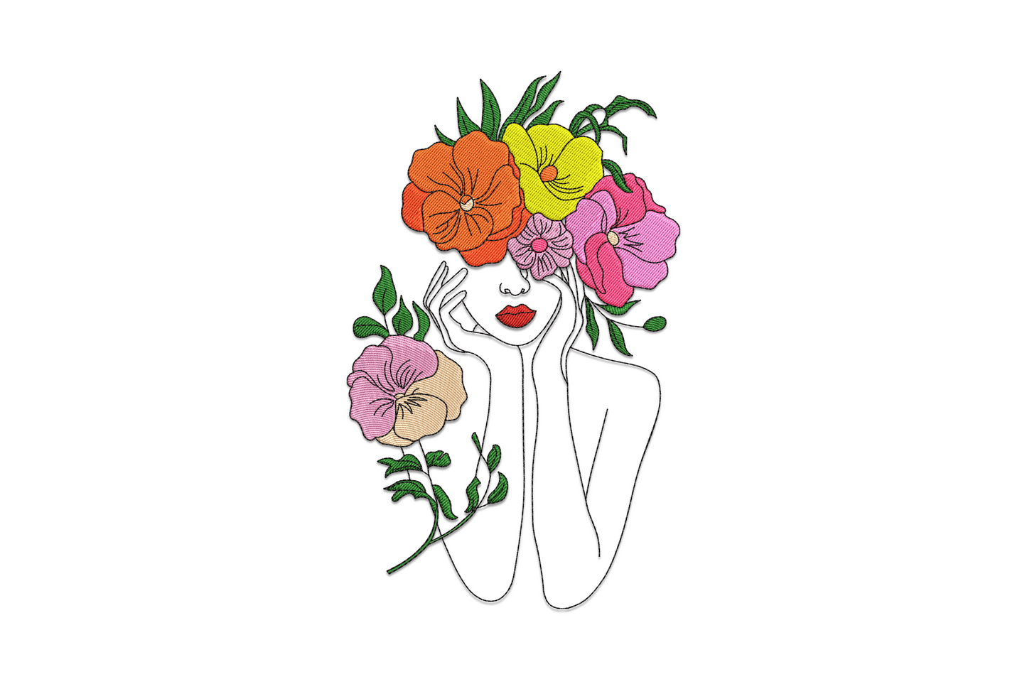 Floral woman face embroidery line art portrait with orange and pink pansy crown, green foliage, red lips, on a minimal figure outline.