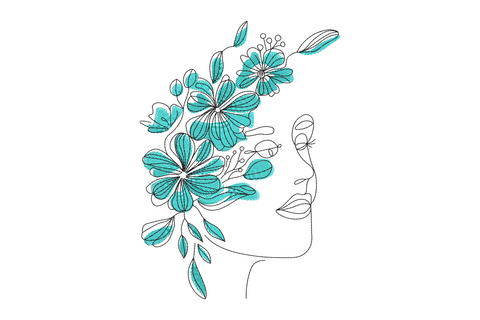Floral woman face outline embroidery, teal hibiscus blooms through hair, minimal black line profile.