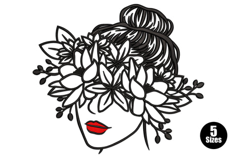 Floral woman face embroidery with top-knot bun, lotus floral crown covering eyes and a red lip pop in black thread.