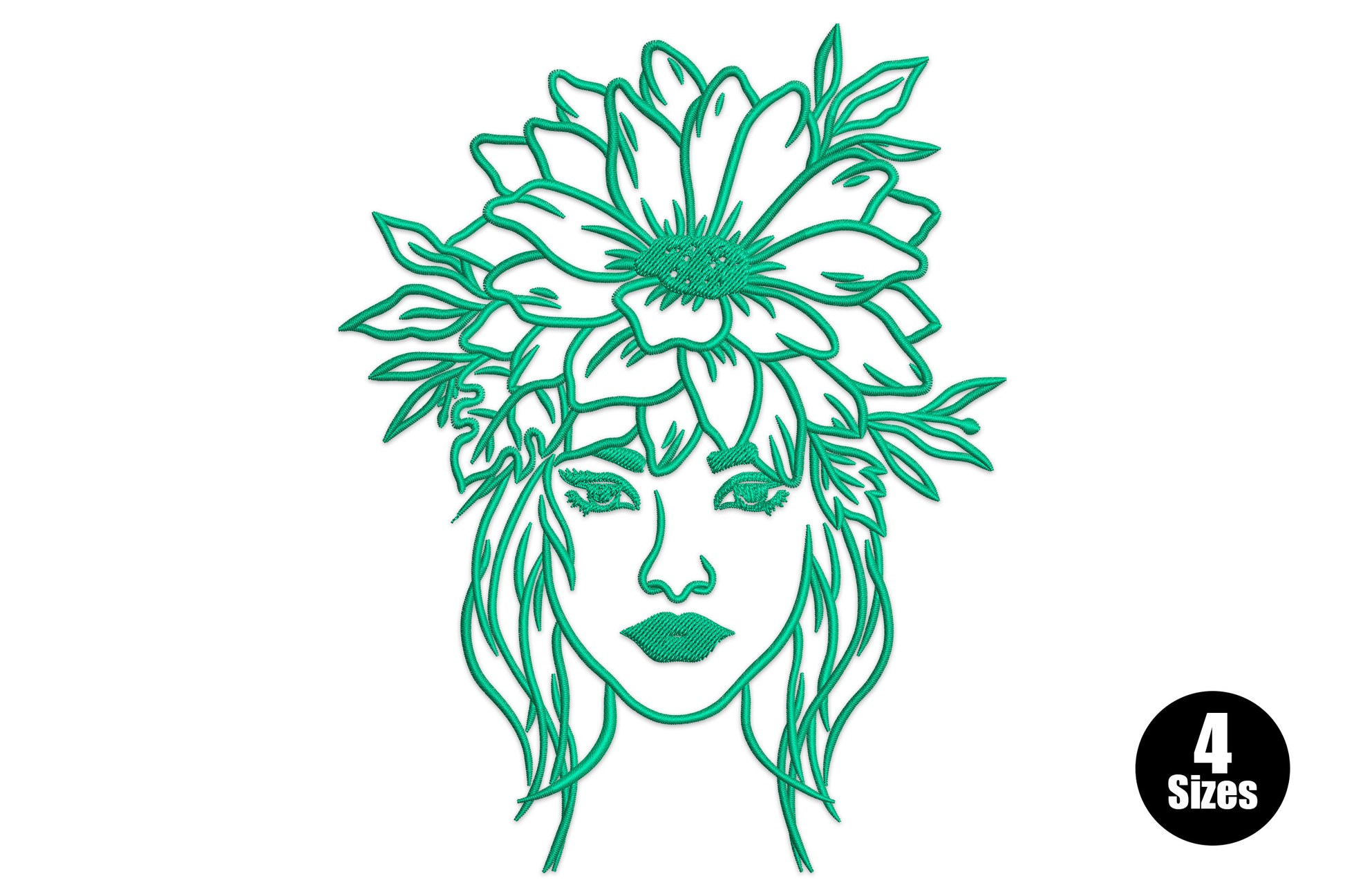 Floral woman face line art embroidery design in continuous single black line, profile with closed eyes flowing into curling botanical stem of leaves and small flowers, horizontal layout.