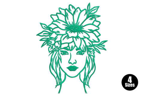 Floral woman face line art embroidery design in continuous single black line, profile with closed eyes flowing into curling botanical stem of leaves and small flowers, horizontal layout.