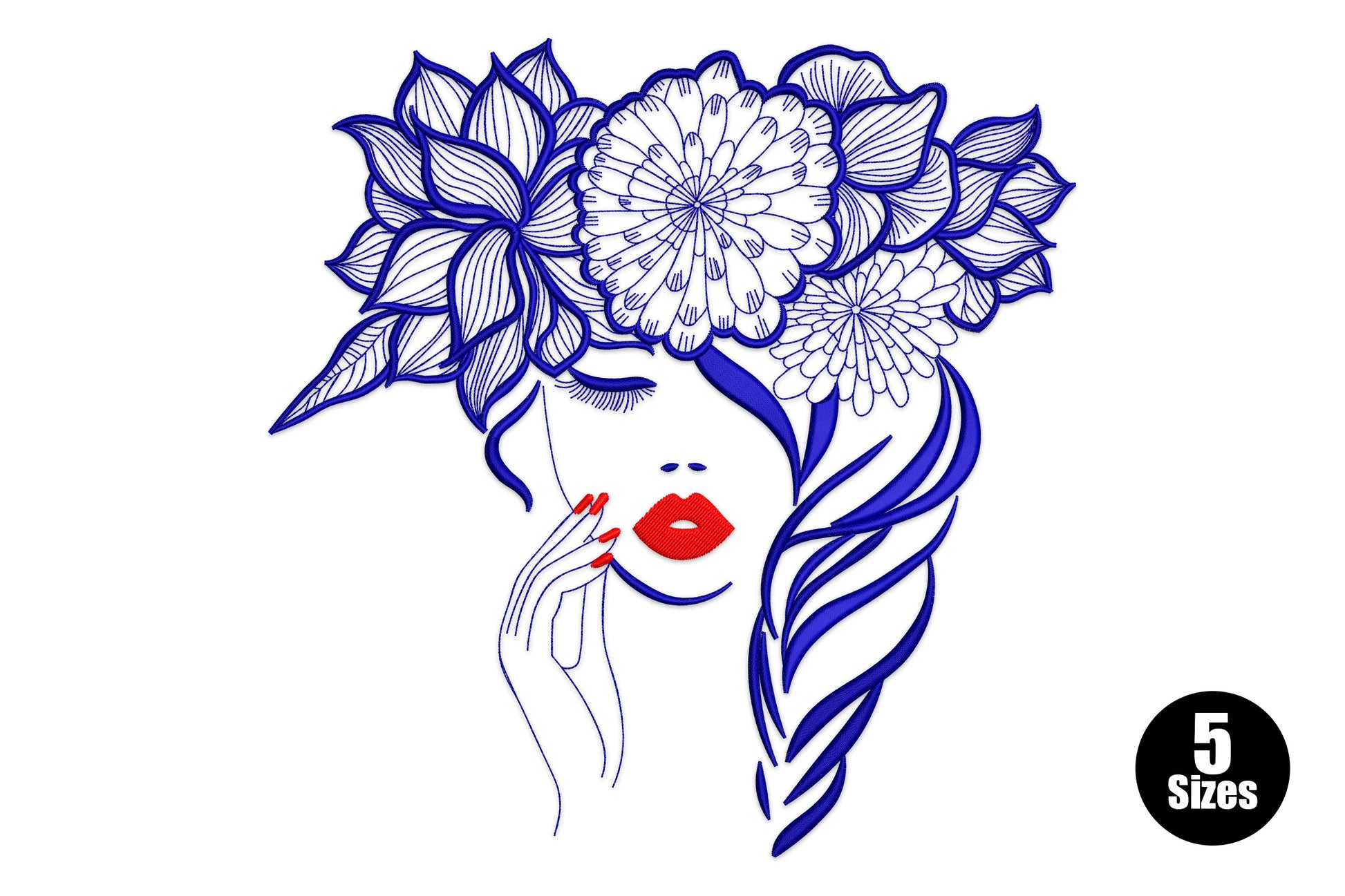 Floral woman line art embroidery in navy with red lips and nails, face under a crown of detailed flowers and side braid.
