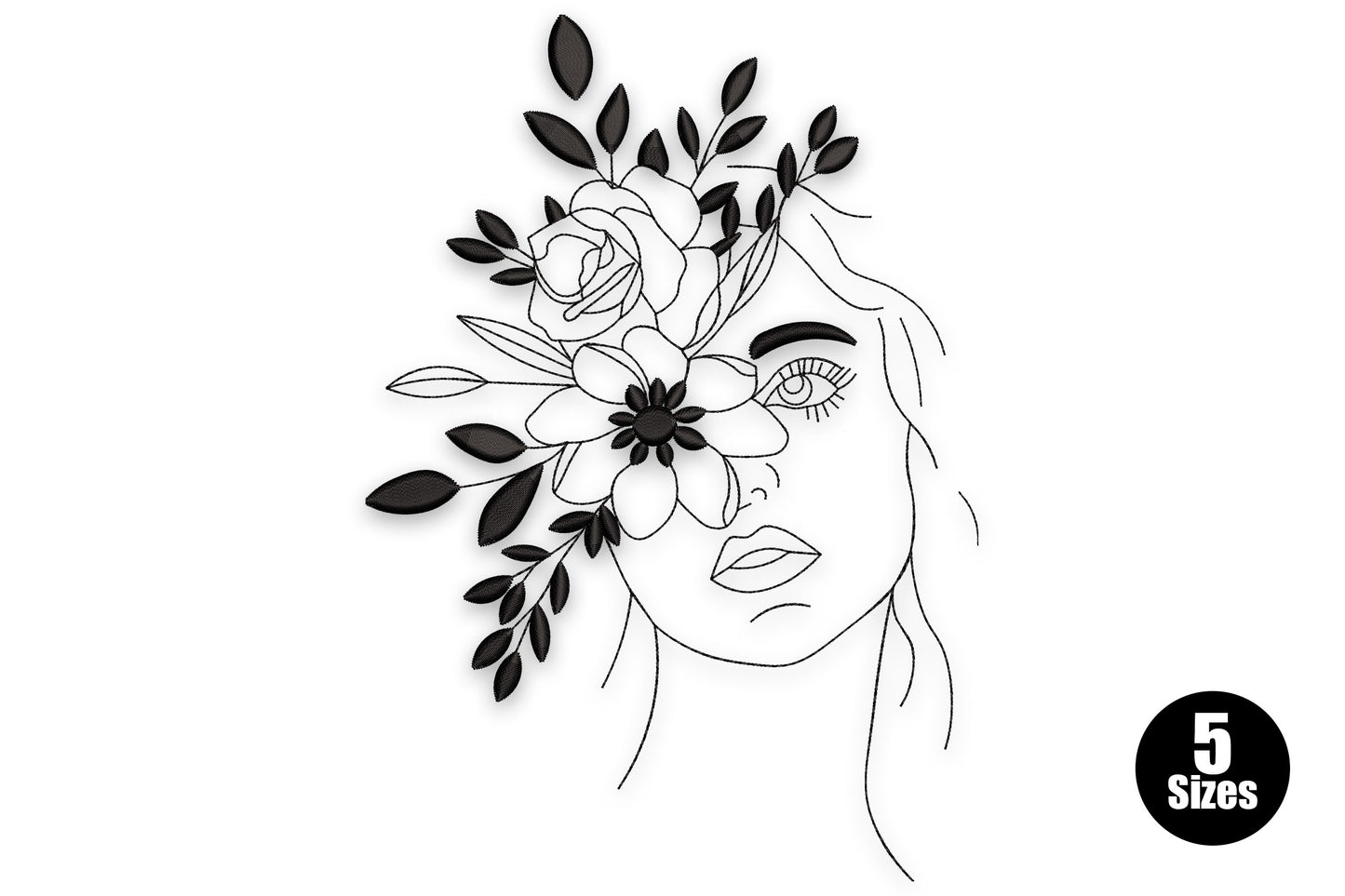 Floral woman line art embroidery, minimal three-quarter face with wavy hair and a rose-daisy cluster over the left eye.